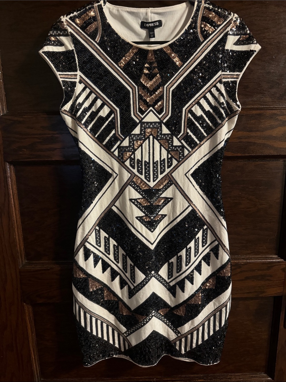 Express Black, White & Gold Sequin Geometric Mini Dress, Size Small
